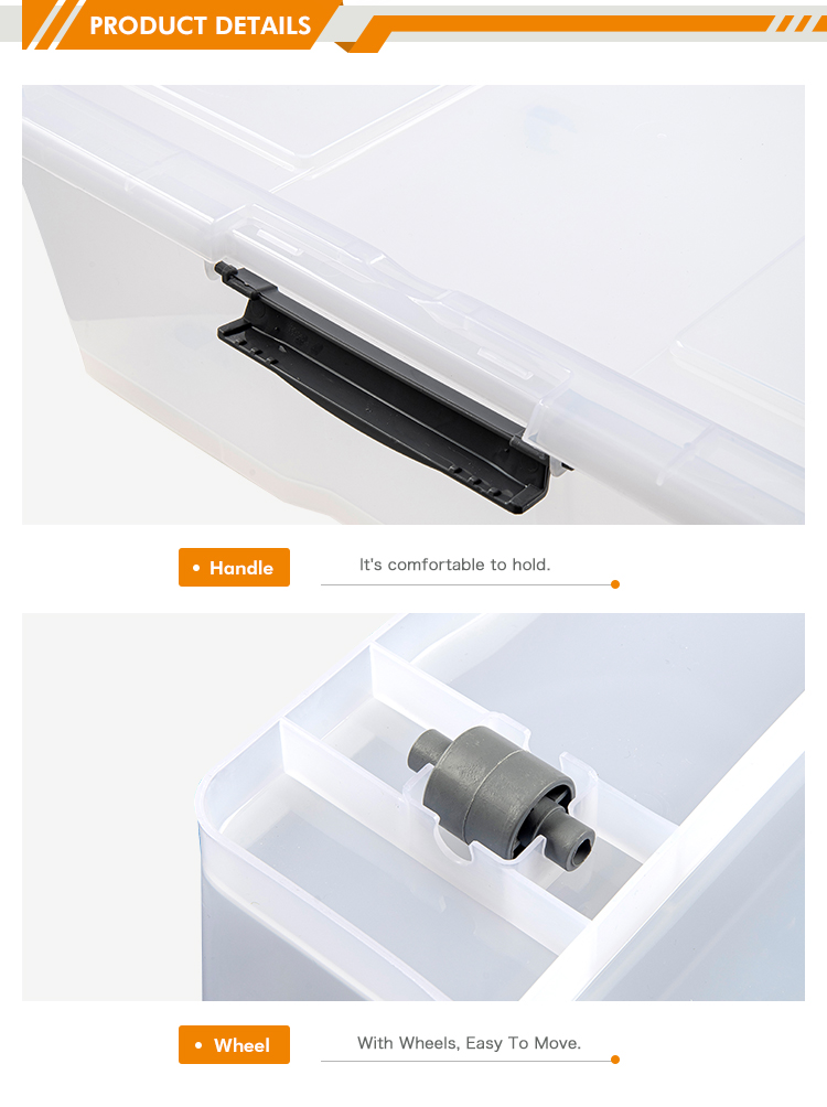 90L clear plastic storage box with wheels and handle
